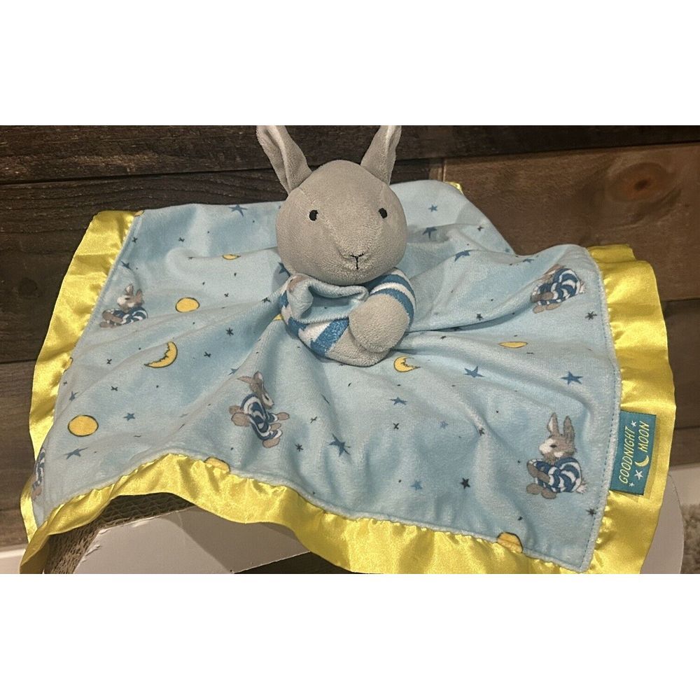 Goodnight Moon Bunny Lovey‎ Baby Plush Security Blanket Yellow Satin Trim Lovie